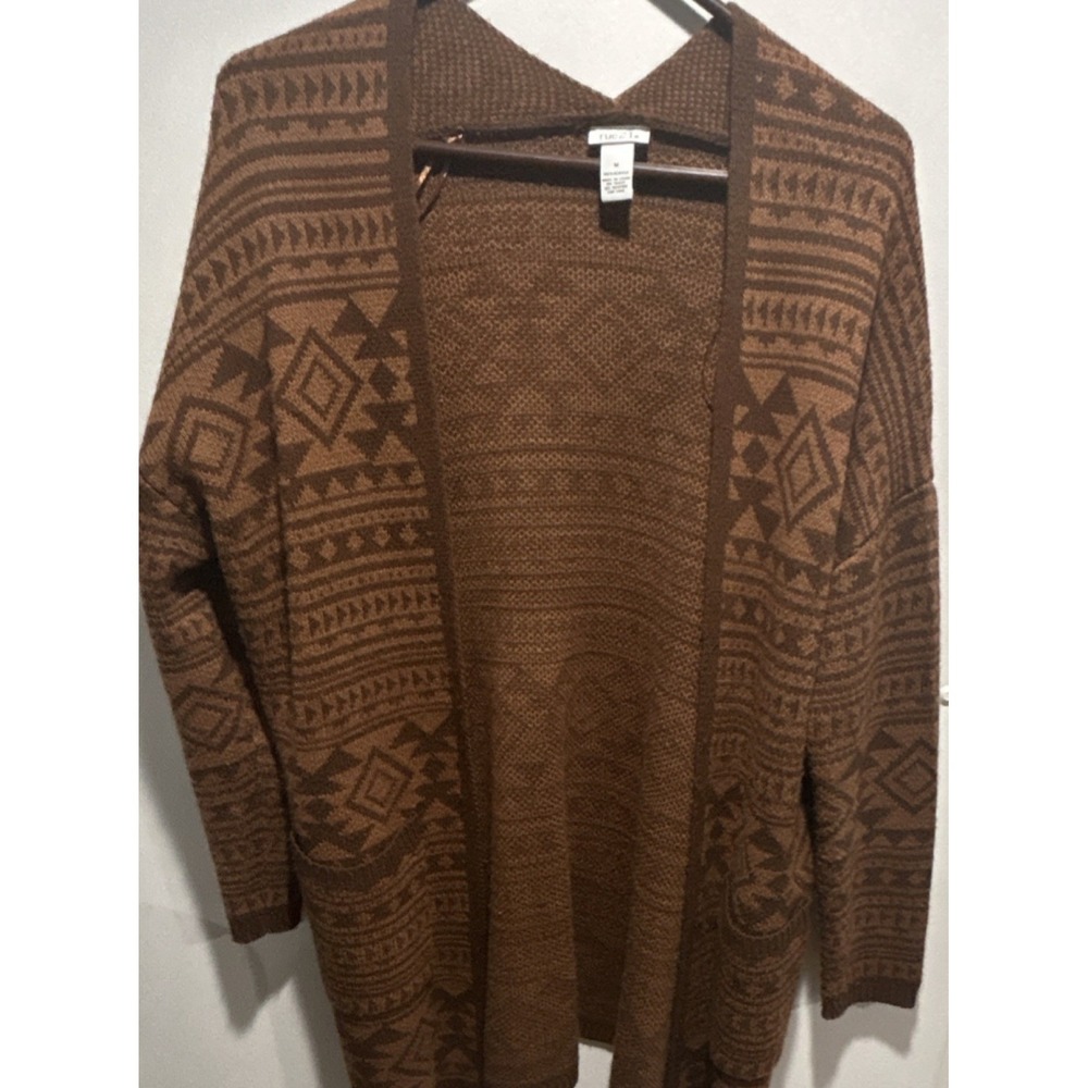 rue21‎ Women's Geometric Knit Cardigan Sweater Brown Open Pockets Size M